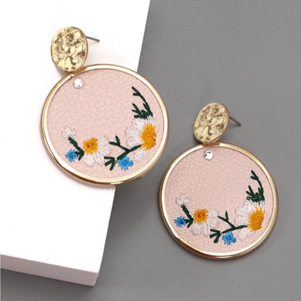 Handmade Embroidered flowers on faux leather drop earrings